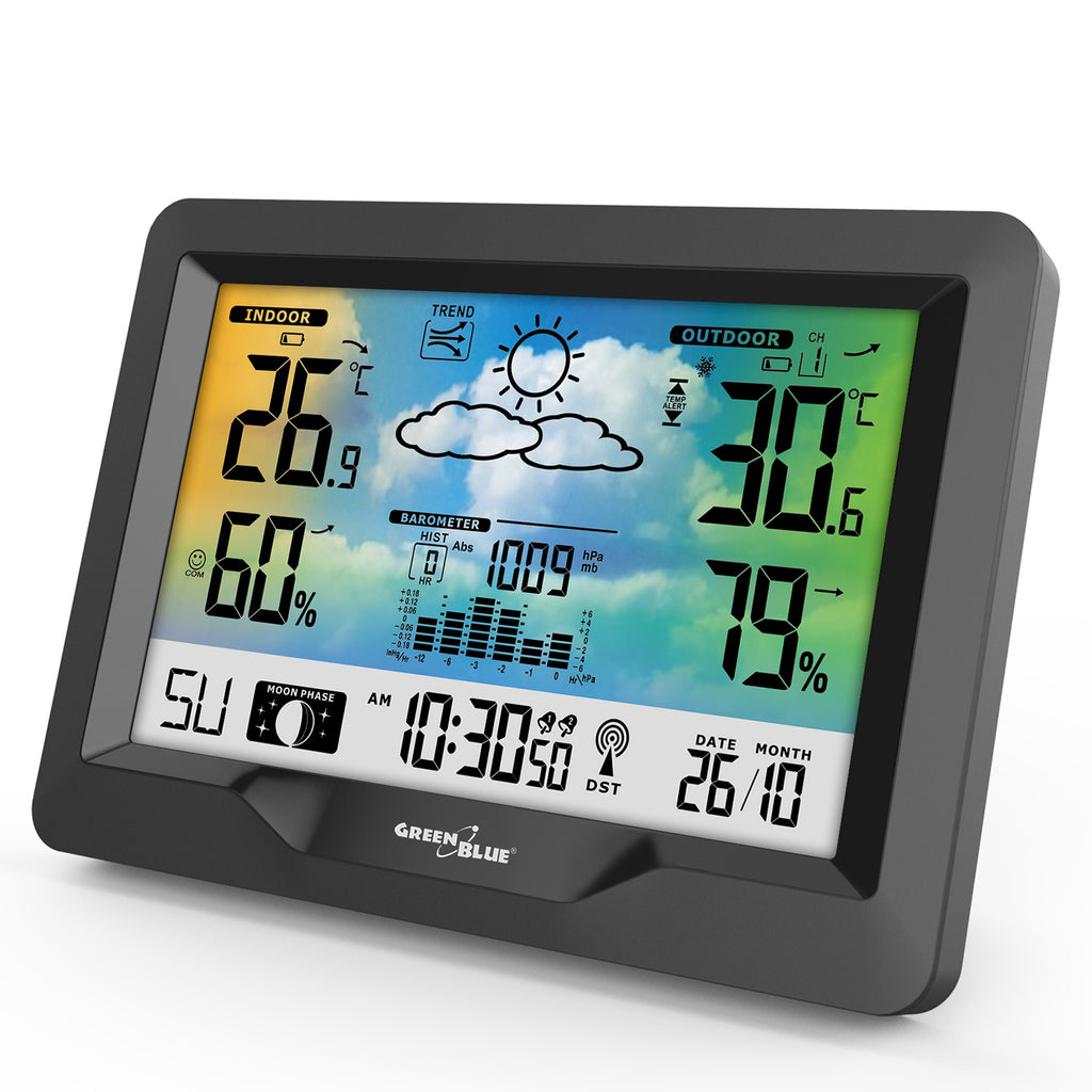 Estación meteorológica WiFi GreenBlue, compatible con TUYA, sensor  exterior, calendario, previsión meteorológica, barómetro, GB2