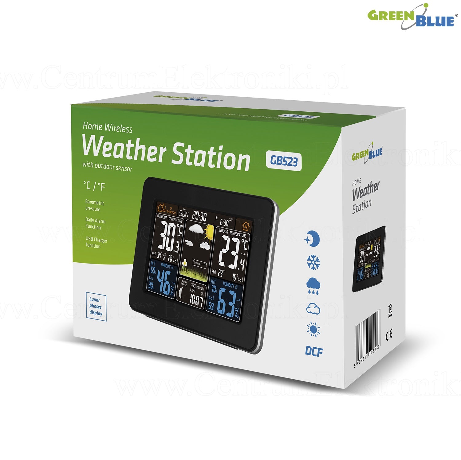 Greenblue GB540 LCD Station météo sans fil DCF Grand écran Phases de la  lune Baromètre Calendrier Moderne – Euroelectronics EU