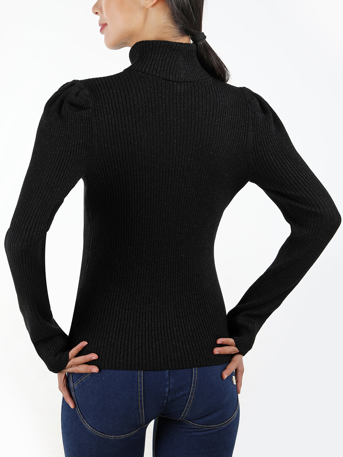 525 America Ribbed Knit Puff Shoulder Lurex Turtleneck