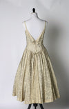 Vintage 1950's Jack Horwitz/Shannon Rodgers Floral Evening Dress with Gold Threading and Black Mesh Overlay