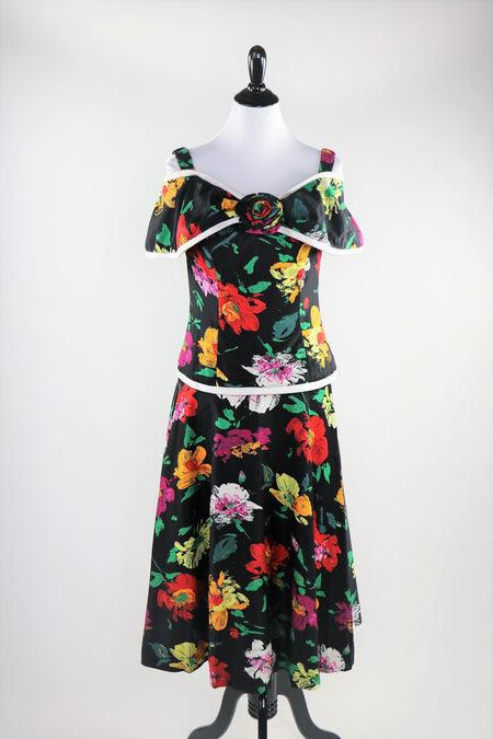 Vintage 1980's Off The Shoulder Black Painted Effect Floral Print Dress