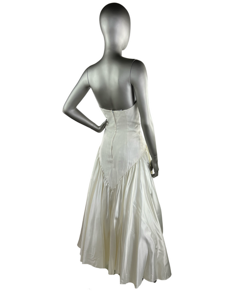 Vintage 1980s White Strapless Dress TD4 By Electra with Silver Floral Appliqués