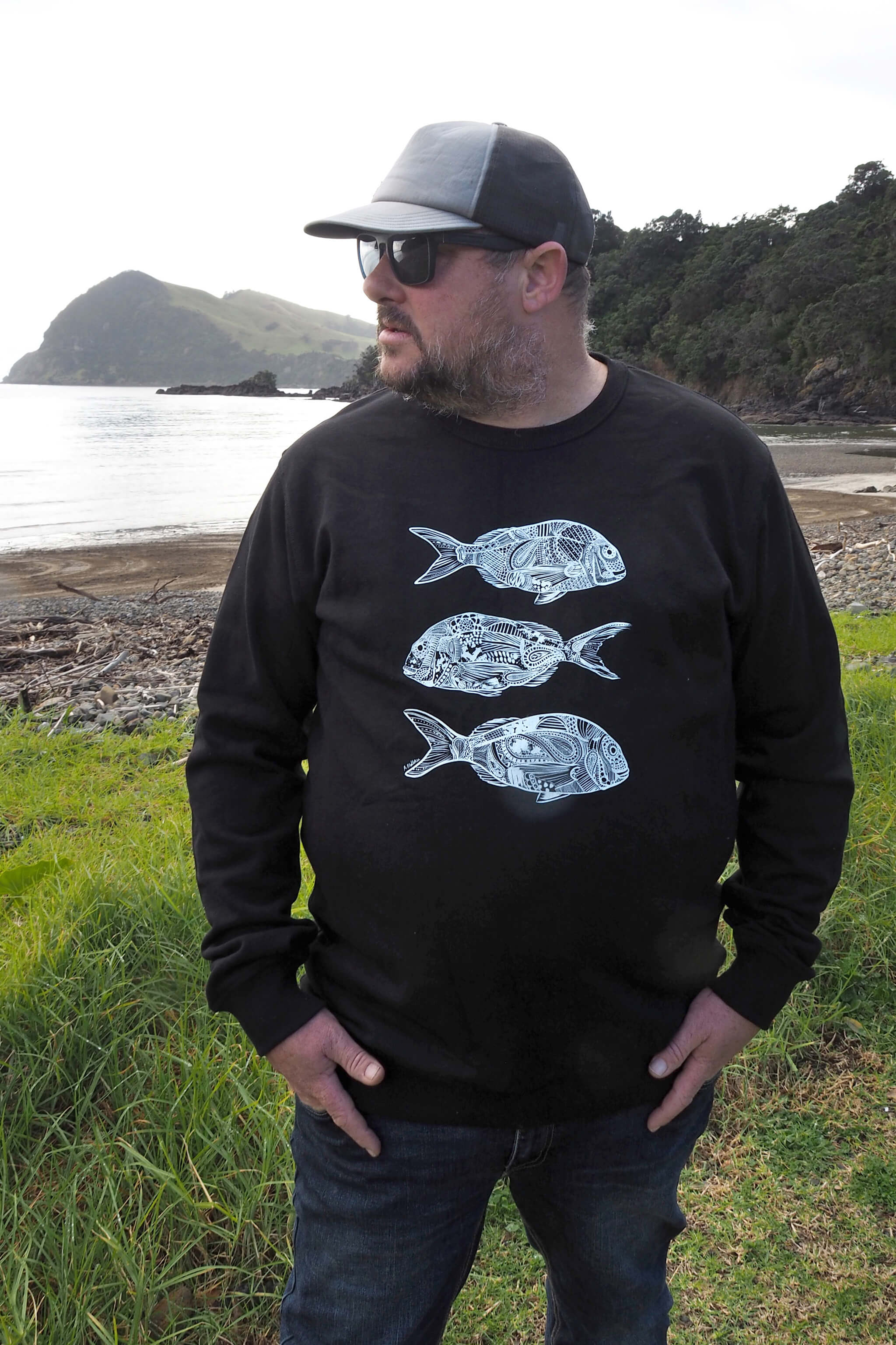 doodlewear 'Ornate Trio Of Snapper' Men's Black Sweatshirt by New Zealand Contemporary Artist and doodlewear owner Anna Mollekin