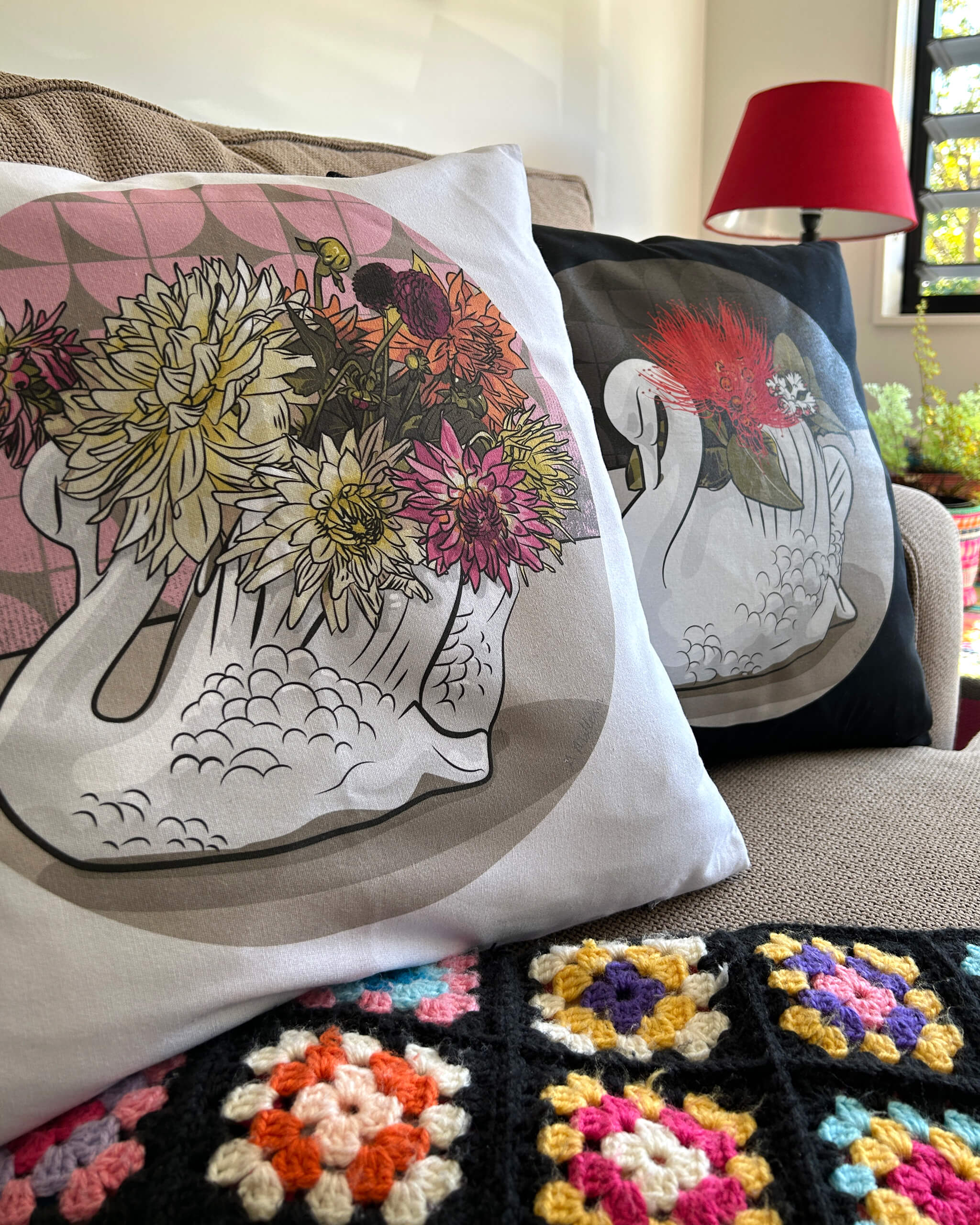 doodlewear 'Crowned Dahlia' (March 2020) Crown Lynn vase art print 100% cotton cushion covers by Contemporary New Zealand artist and doodlewear owner Anna Mollekin
