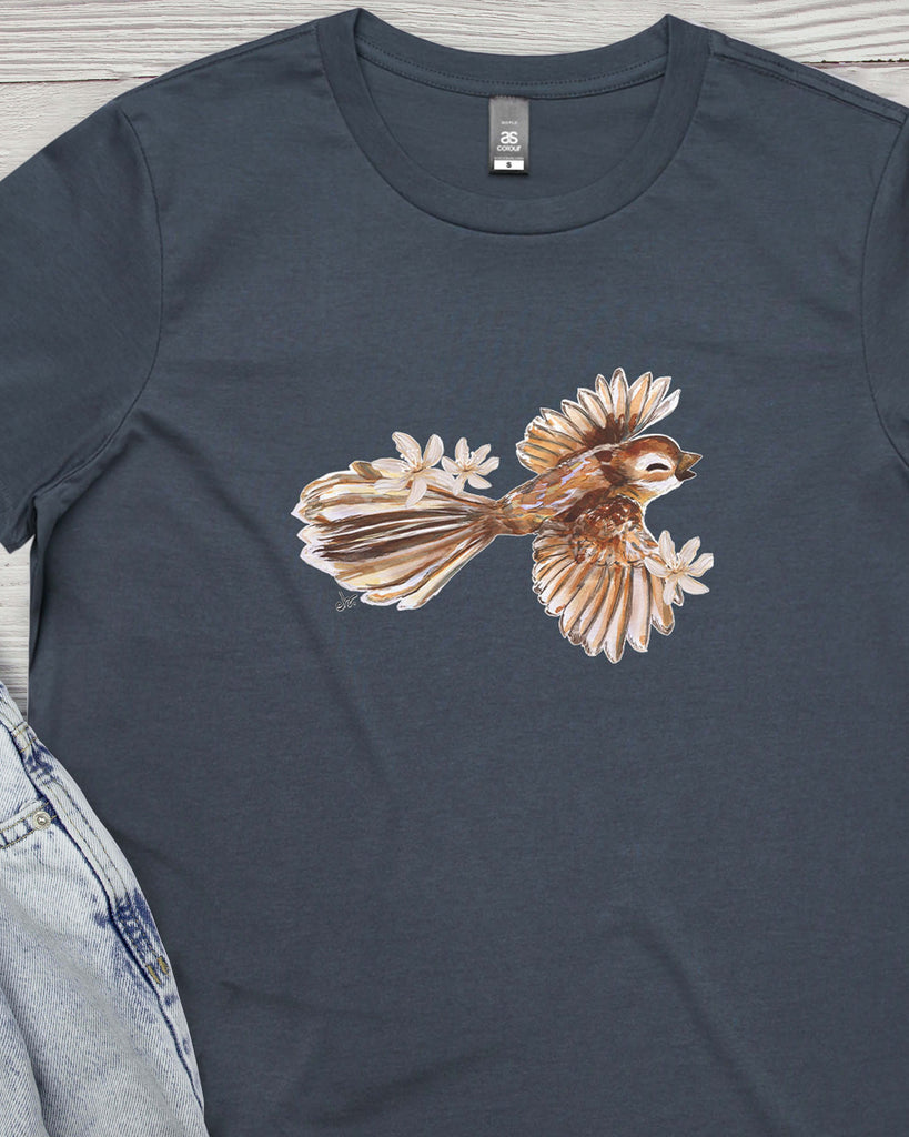 Flying Fantail Bird & Puapua Flowers tee EBOZZASTUDIO