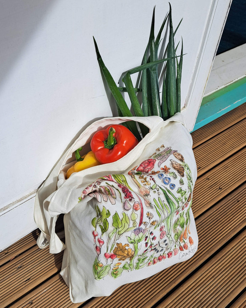Doodlewear presents 'Fresh From The Garden' art print tote bags, featuring stunning designs by NZ watercolour artist Cara Rose Art