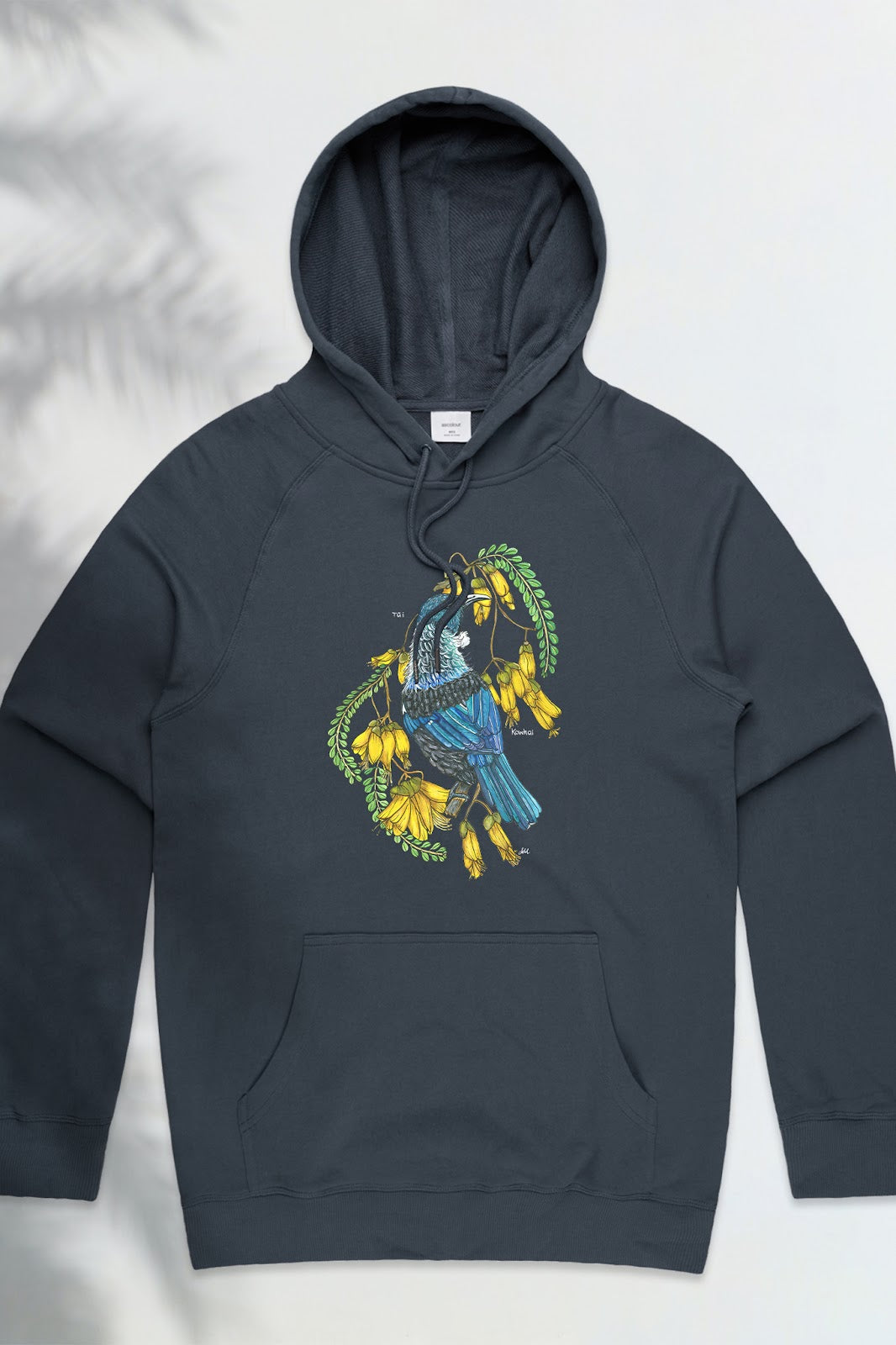 Tui + Kowhai' men’s art print petrol blue hoodie by New Zealand Illustrative Artist Lesh Creates