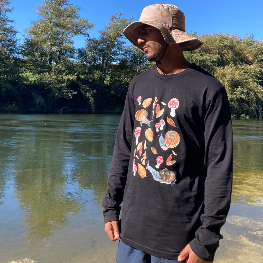 Native Giant Snails & Mushies long sleeve t shirt EMILY RAJASINGH ART