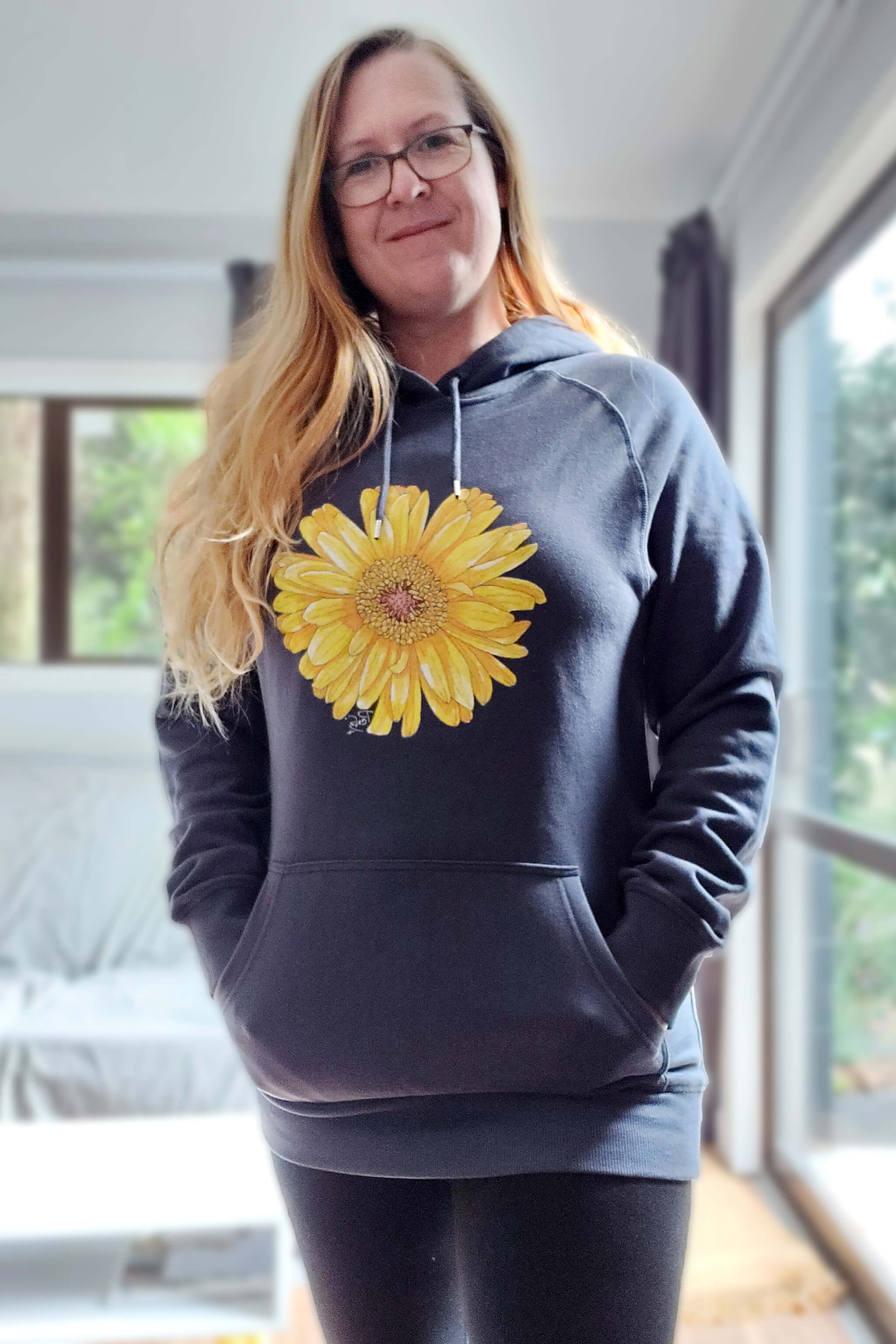 women's-hoodie'-doodlewear-Happy-Yellow-Gerbera-hoodie-Penny-Royal