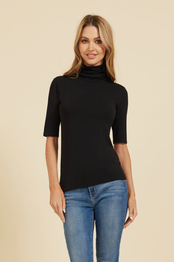 Majestic Elbow Sleeve Turtleneck in Black Clothes By Majestic