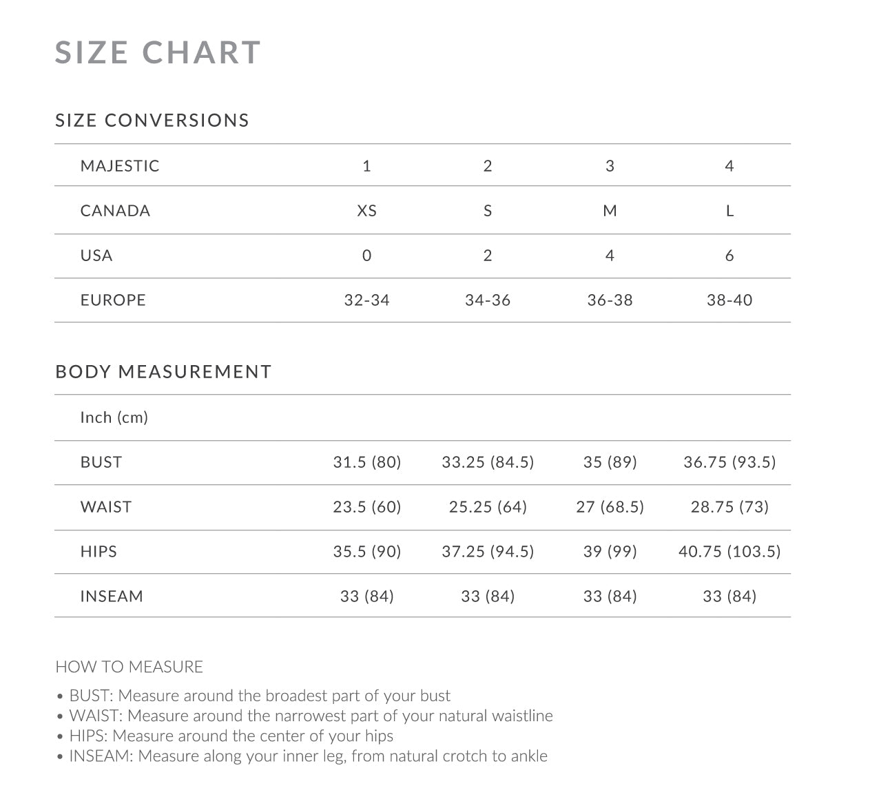 Majestic Pants Size Chart