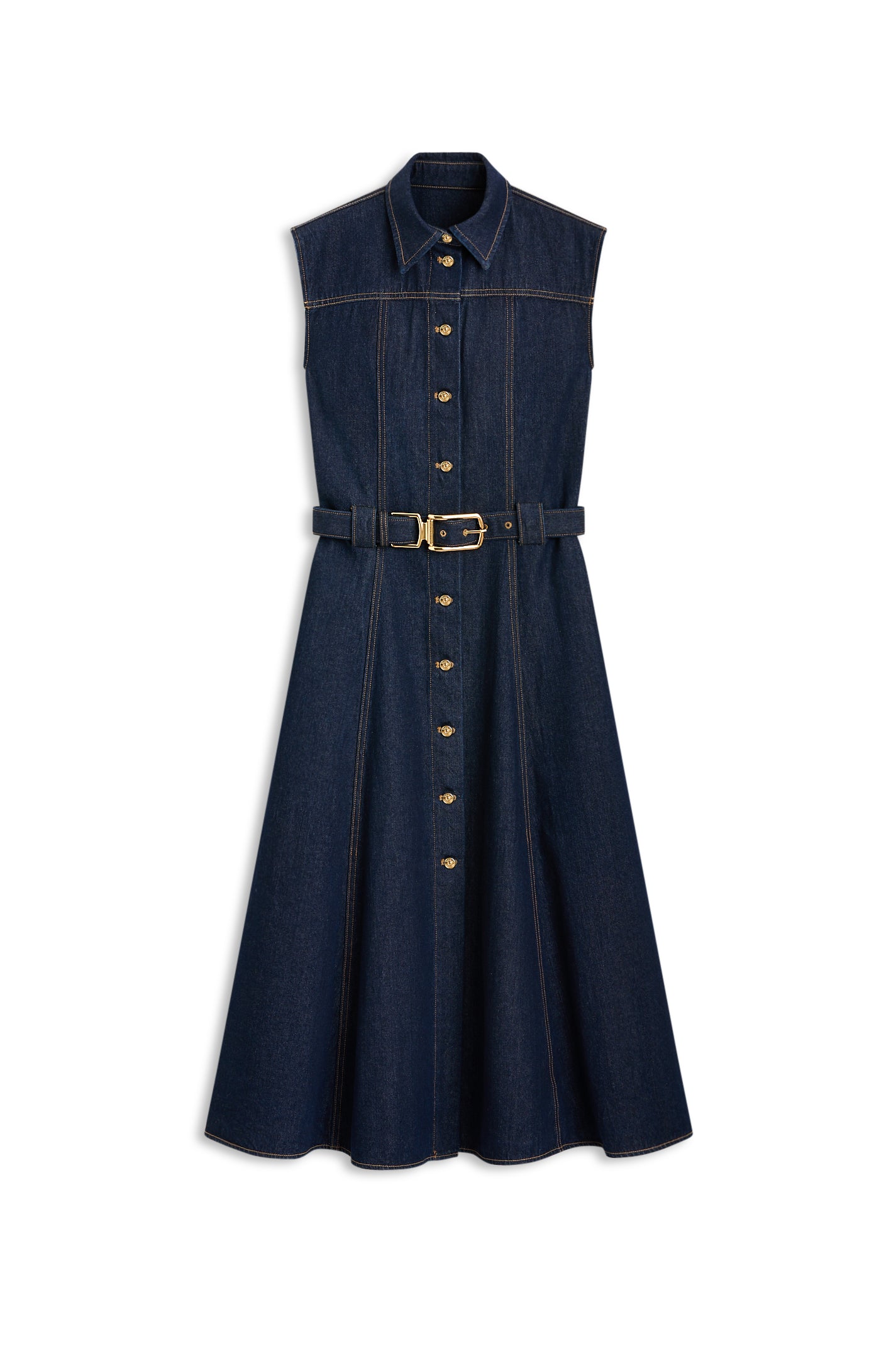 DENIM GOLD BUCKLE BELTED DRESS - RAW WASH