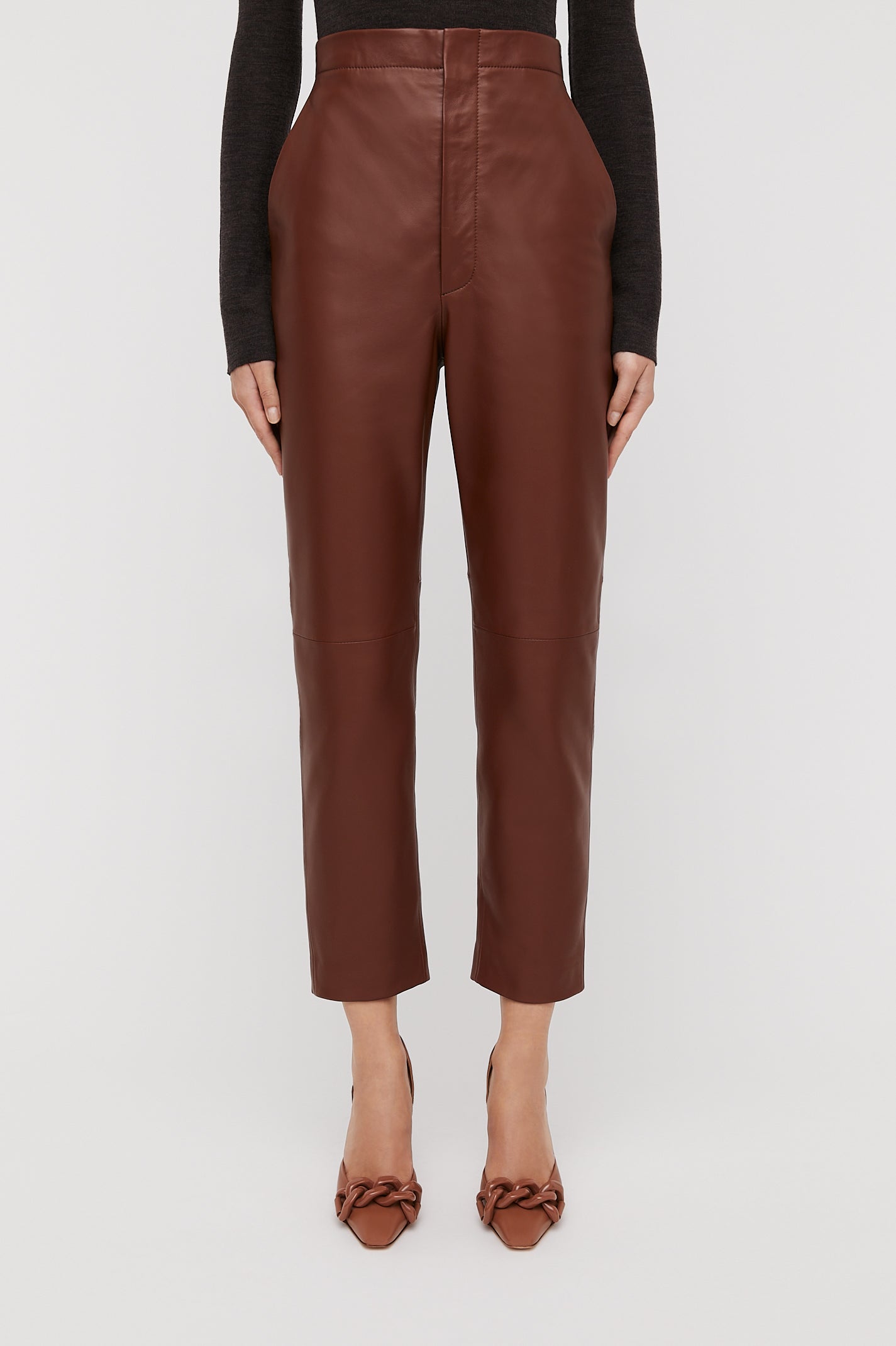 LEATHER SLIM CROP TROUSER - TAN