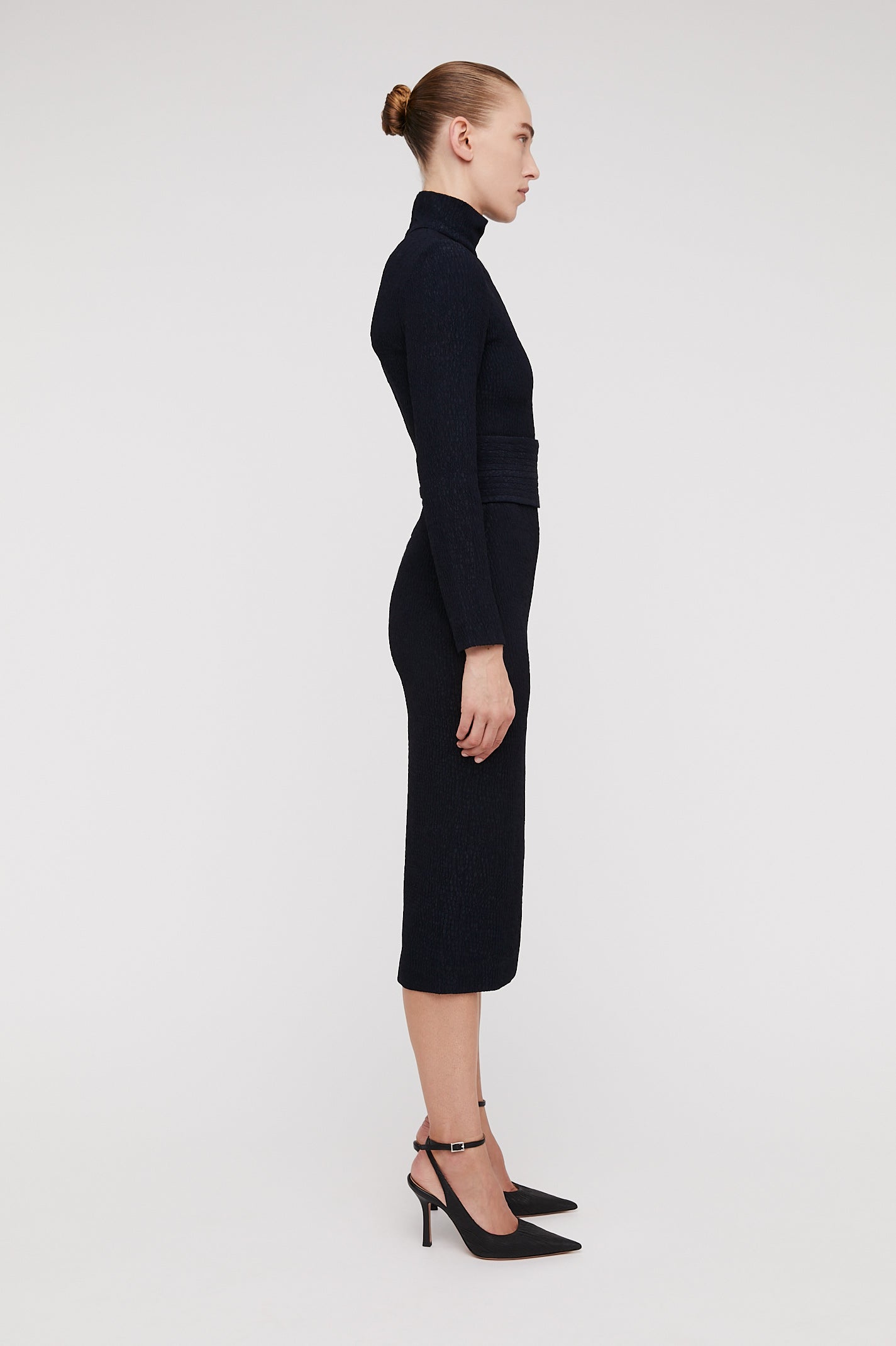 STRETCH REPTILE L-SLEEVE DRESS - NAVY