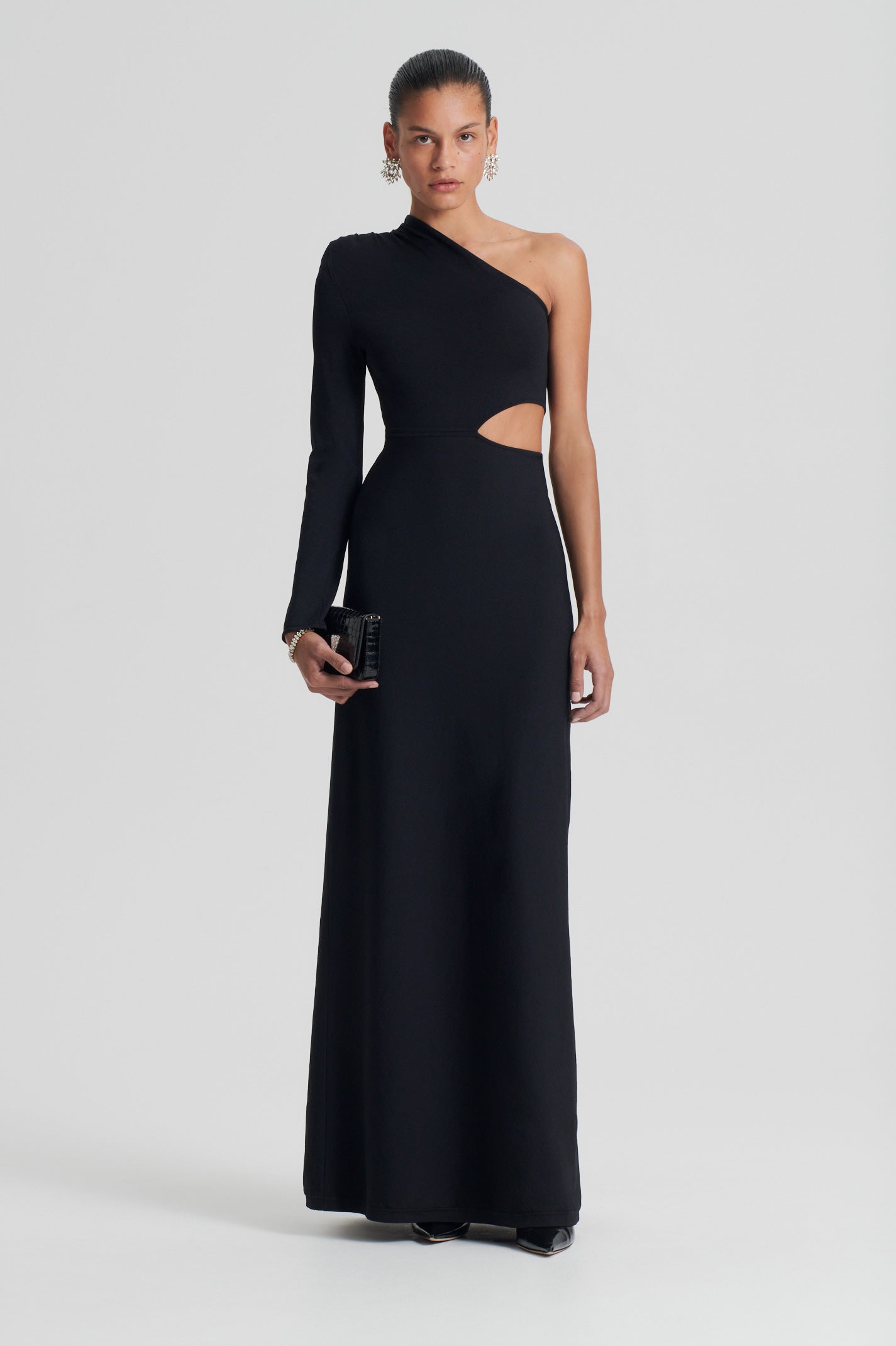 CREPE KNIT ONE SHOULDER GOWN - BLACK