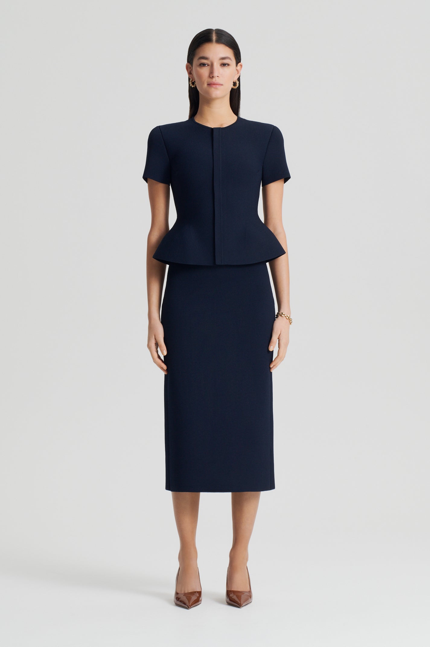 CREPE KNIT PENCIL SKIRT MIDI - NAVY