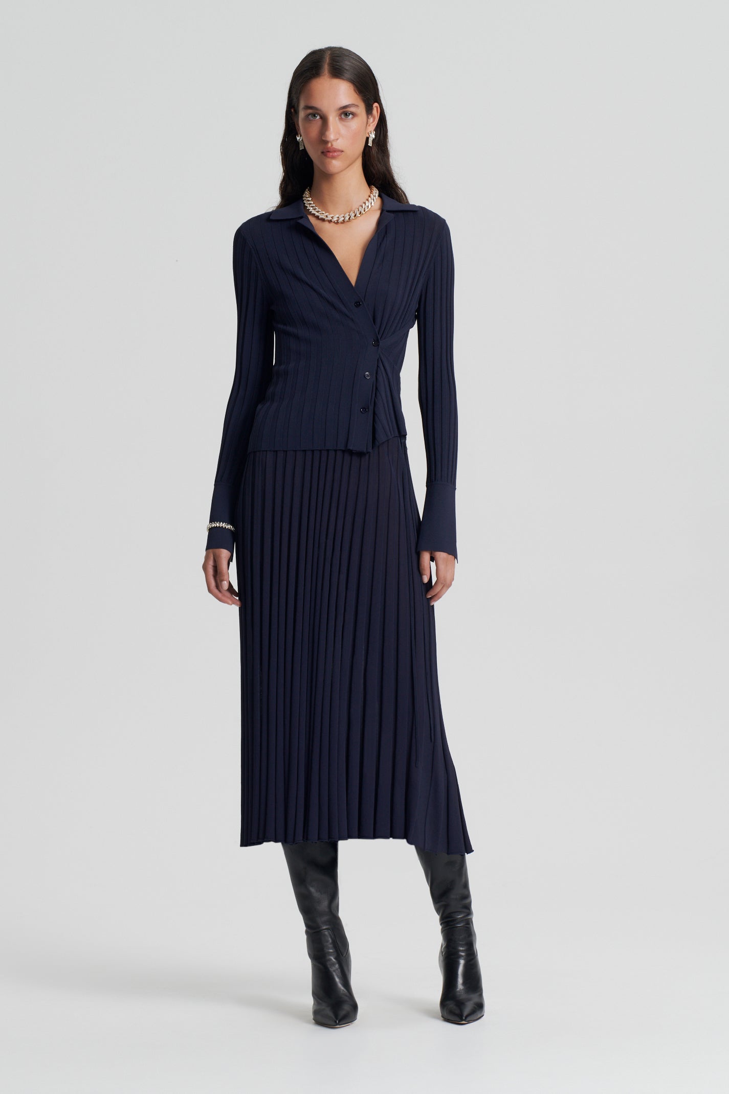 PLEATED RIB CUFFED SHIRT - NAVY