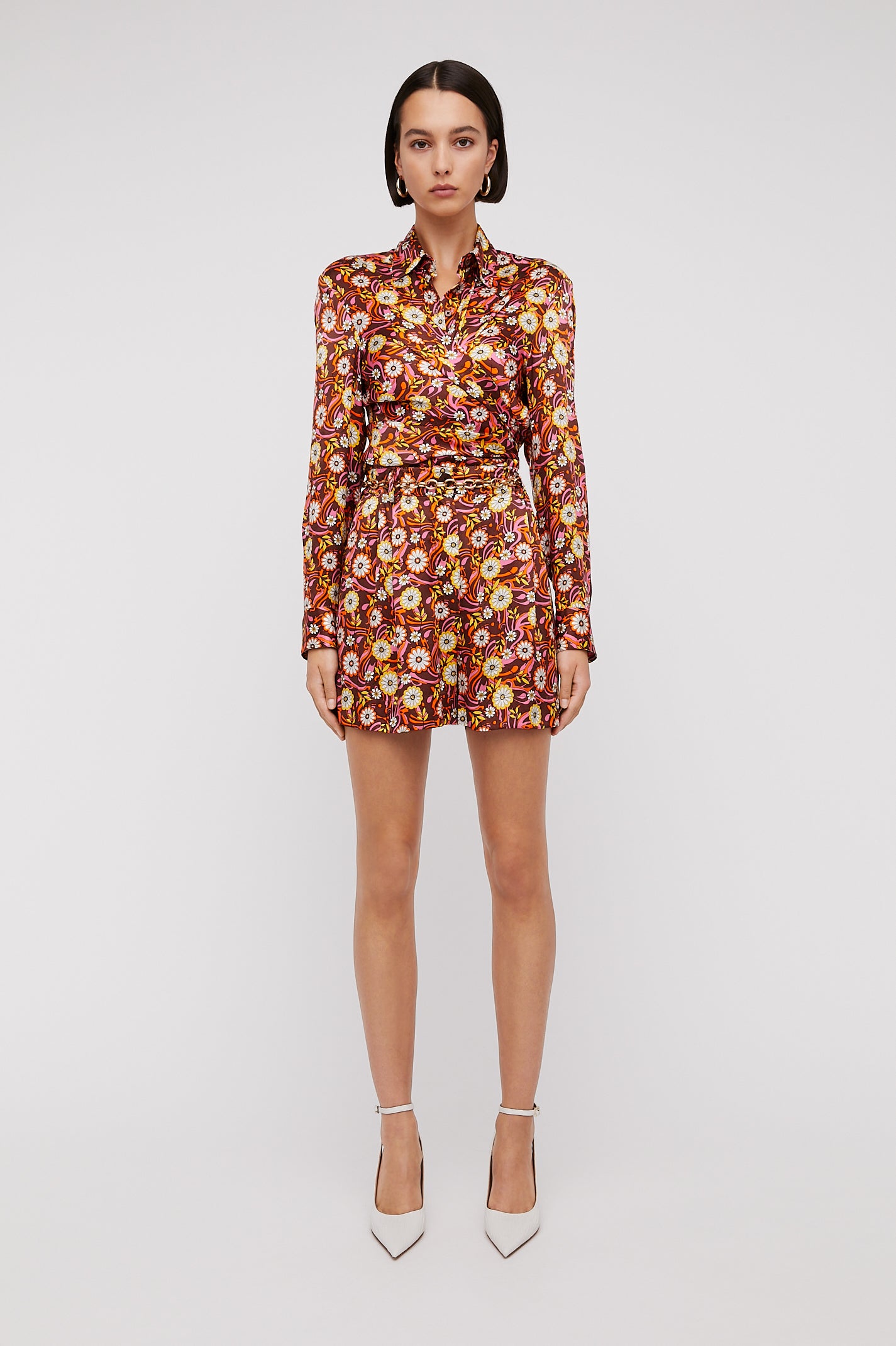 SILK FLORAL PRINT SHORT - TANGERINE