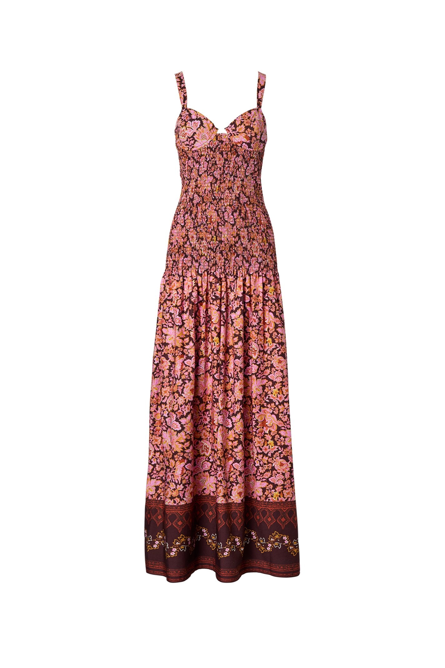 FLORAL BORDER PRINT DRESS - CHOCOLATE