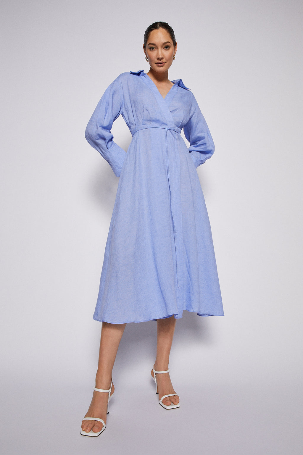 Italian Linen Wrap Shirt Dress Cornflower