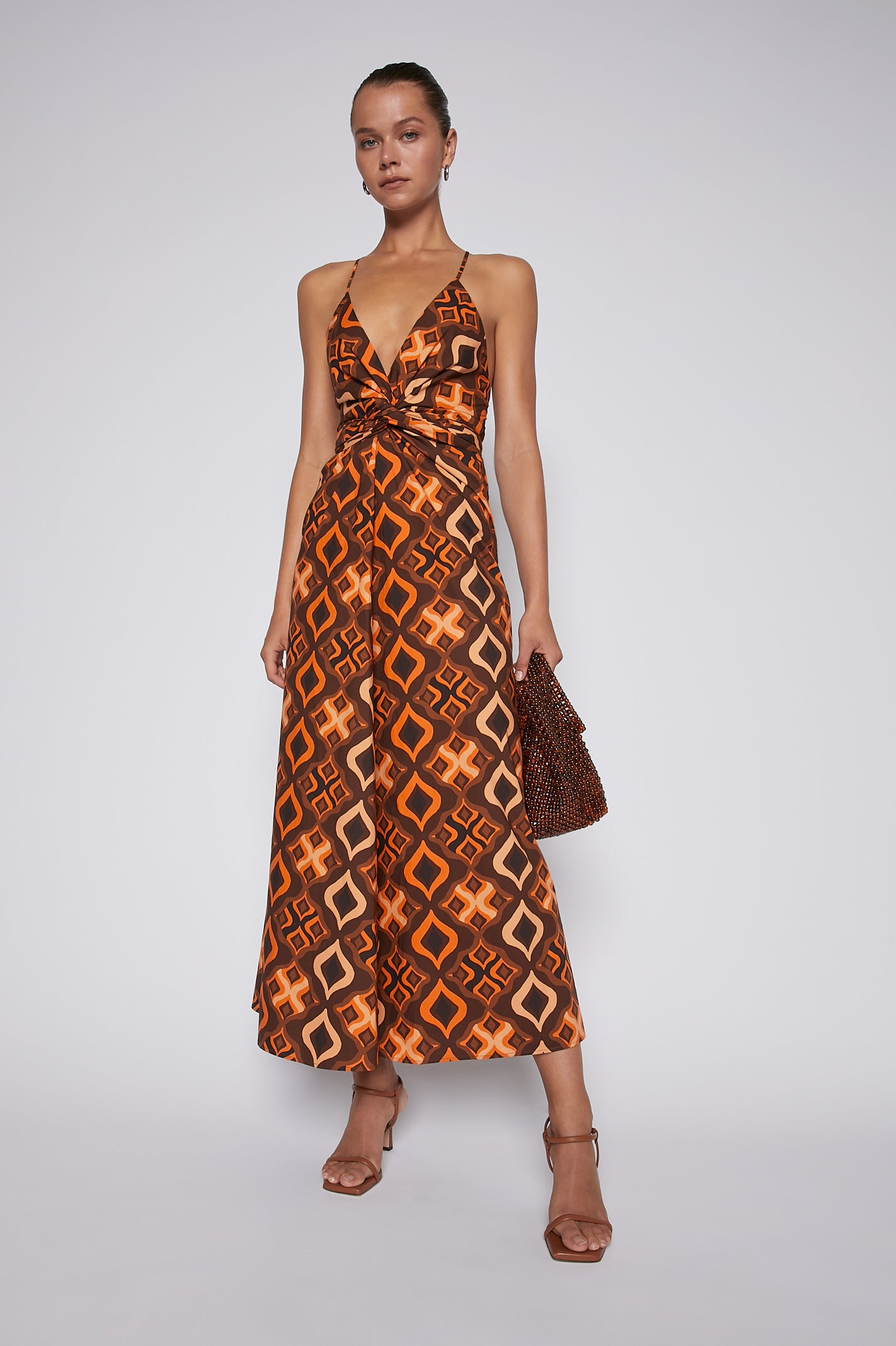 TILE PRINT COTTON DRESS - CARAMEL