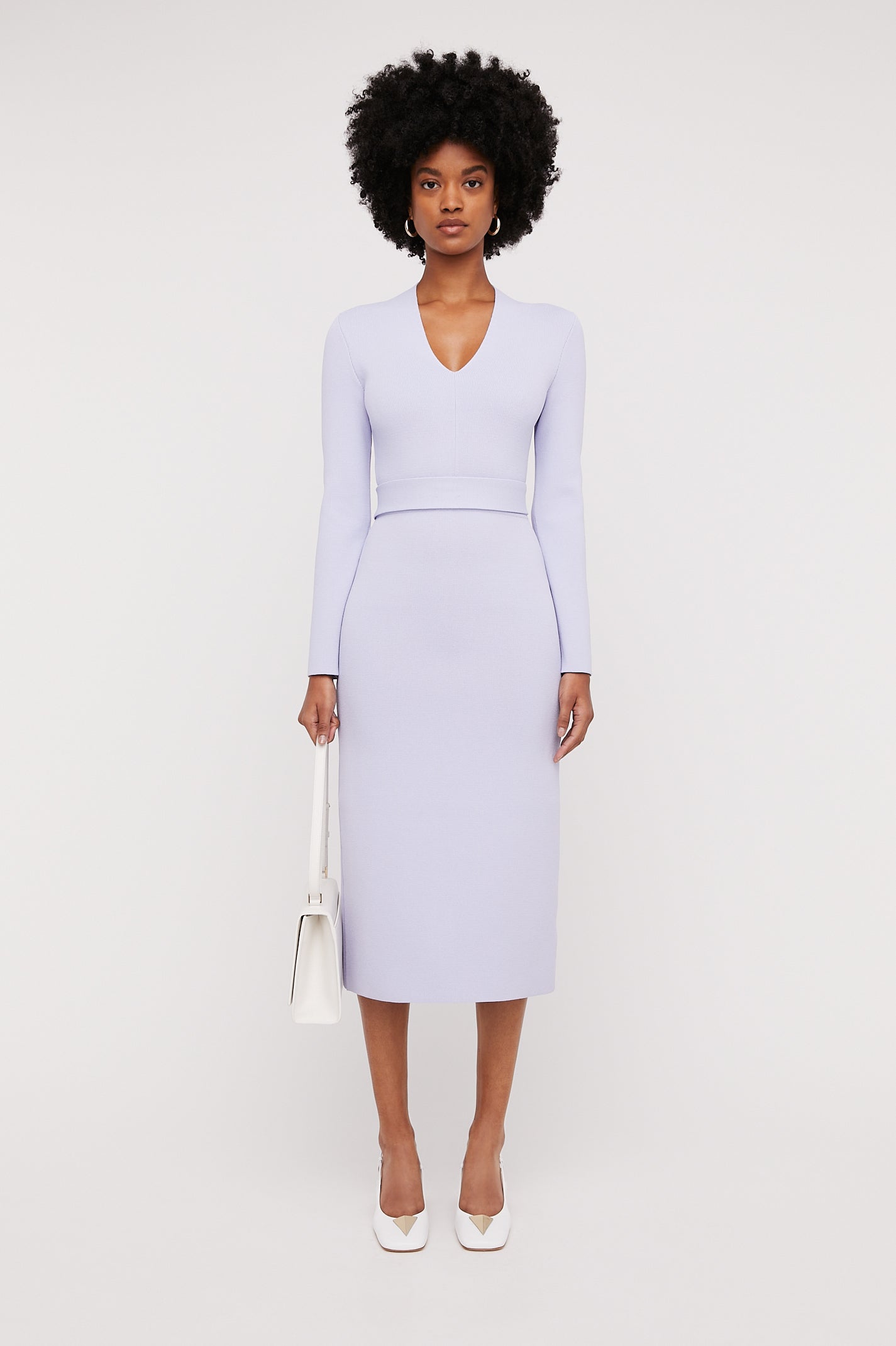 CREPE KNIT LONG SLEEVE V NECK DRESS - LILAC