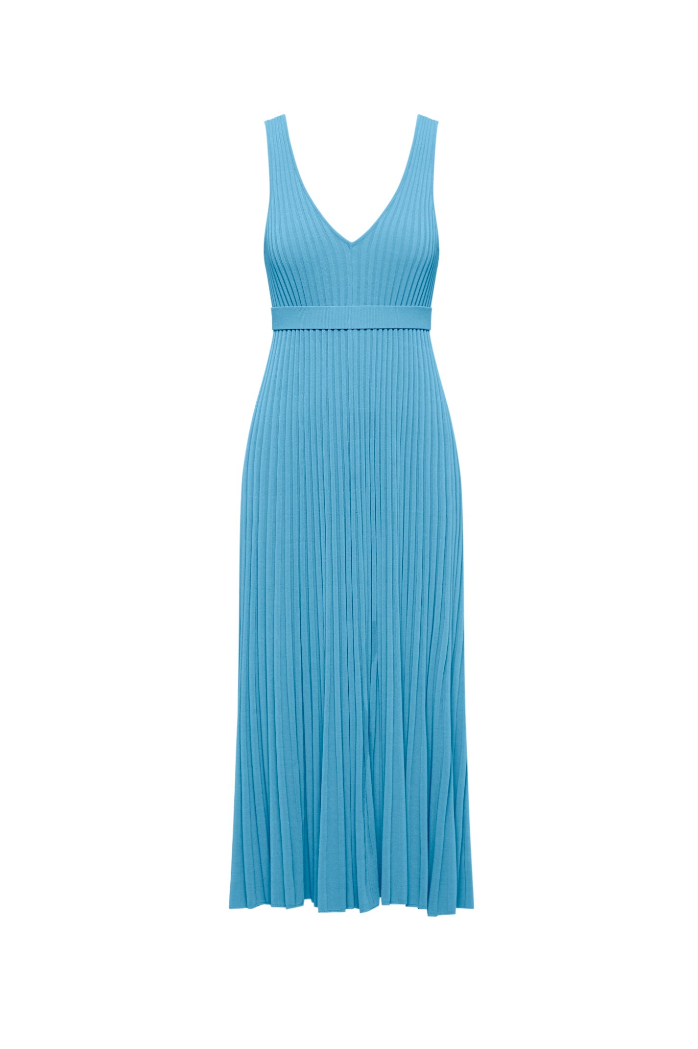 PLEATED RIB V NECK DRESS - TURQUOISE