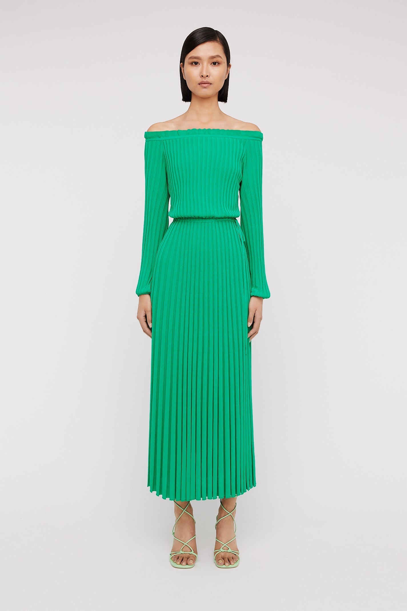 PLEATED RIB COLD SHOULDER DRESS 16  - EMERALD