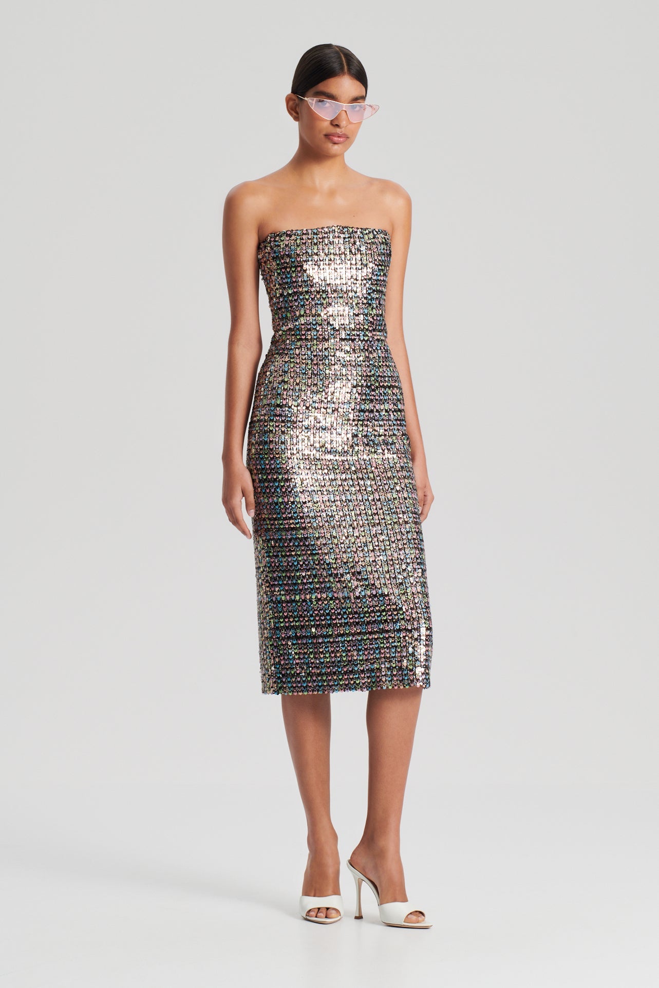 SEQUIN STRAPLESS DRESS - SILVER