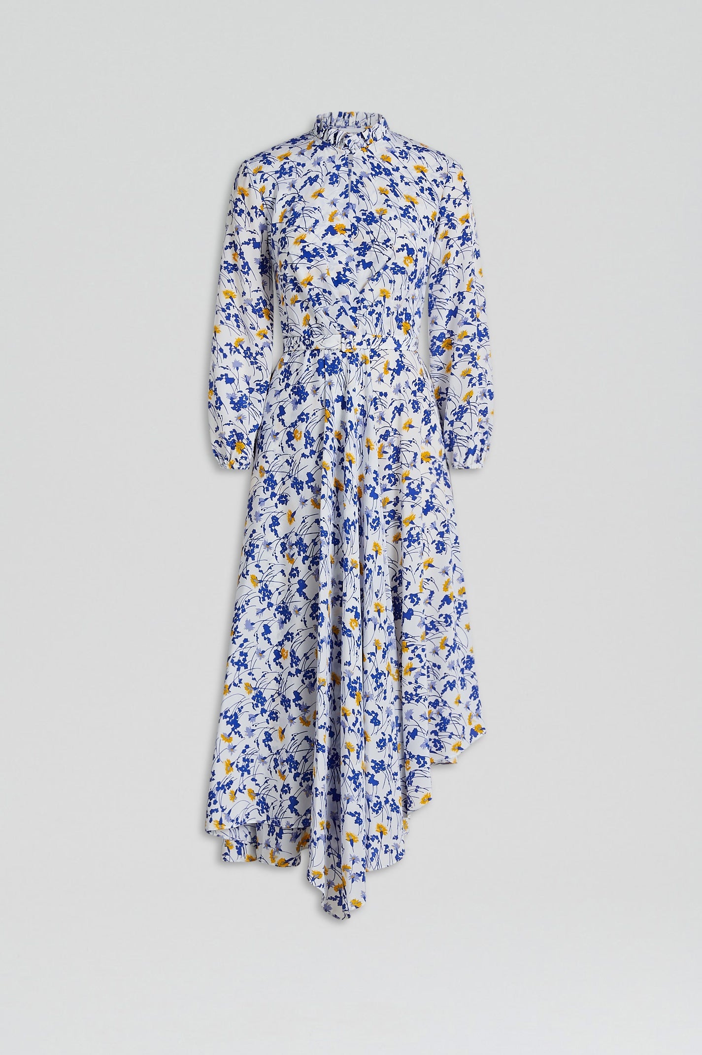 SILK FLORAL RUFFLE DRESS - WHITE.BLUE