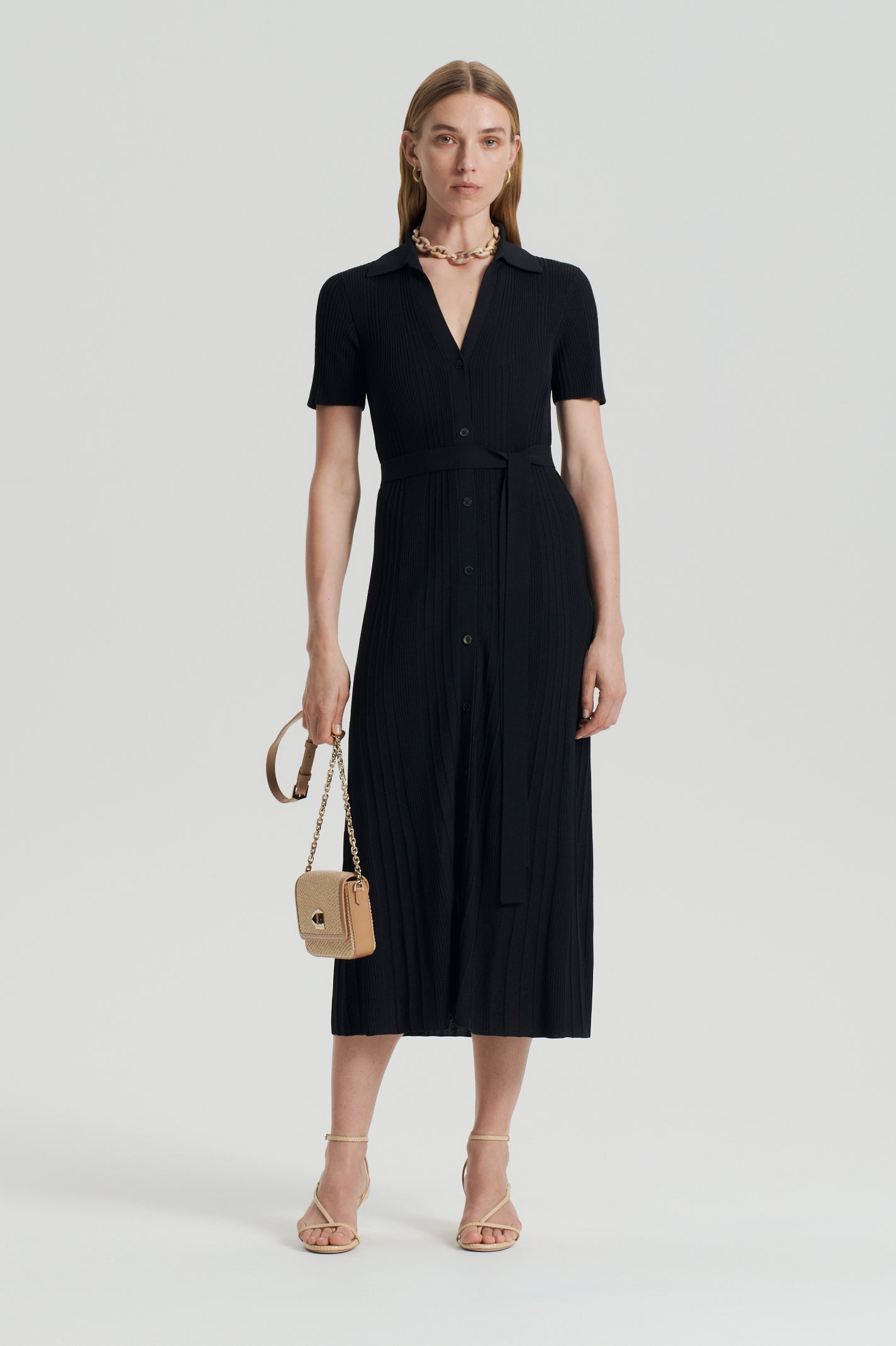 PLEATED RIB PLACKET DRESS - BLACK