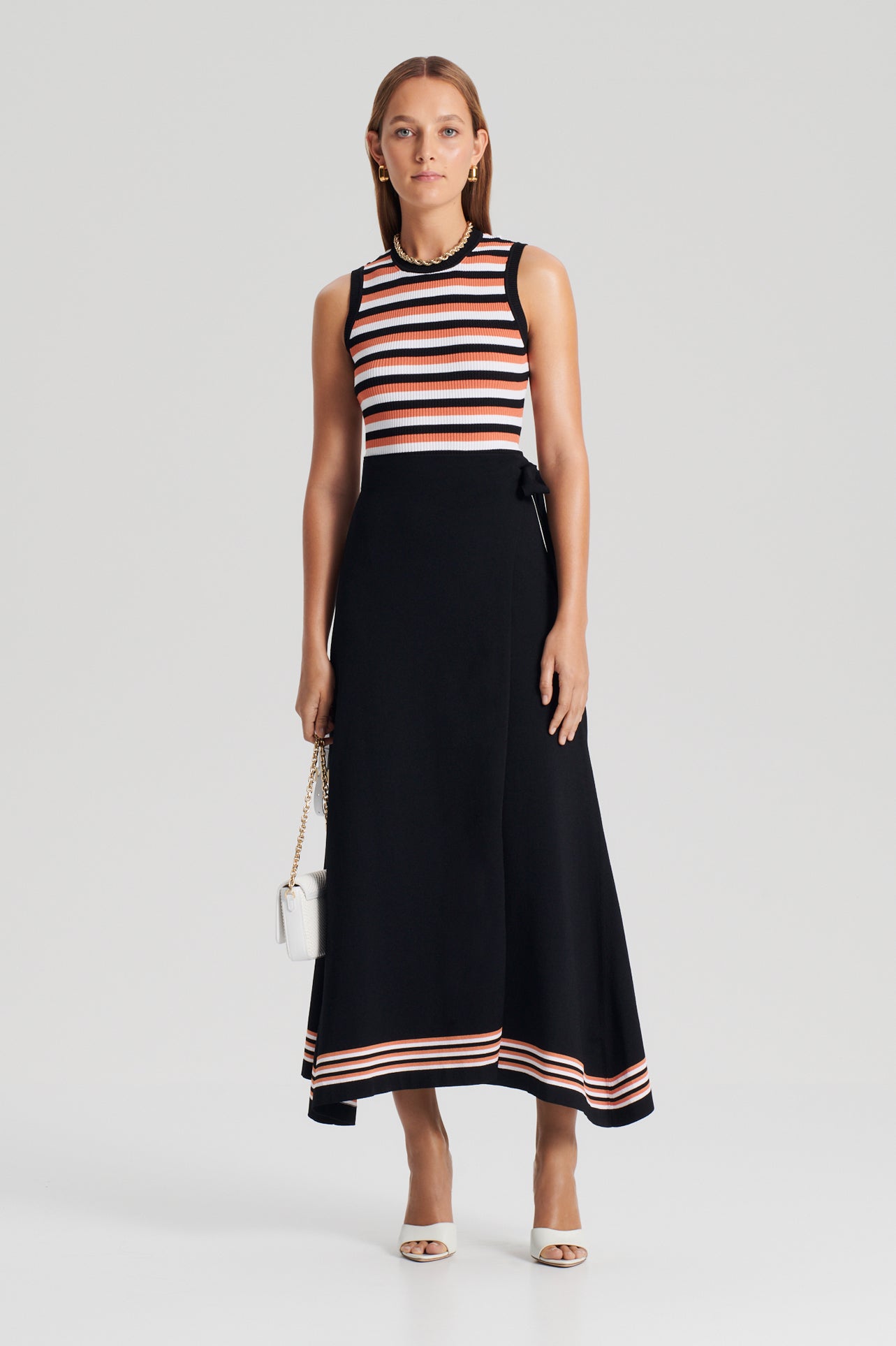 CREPE KNIT STRIPE WRAP SKIRT - BLACK.BRICK