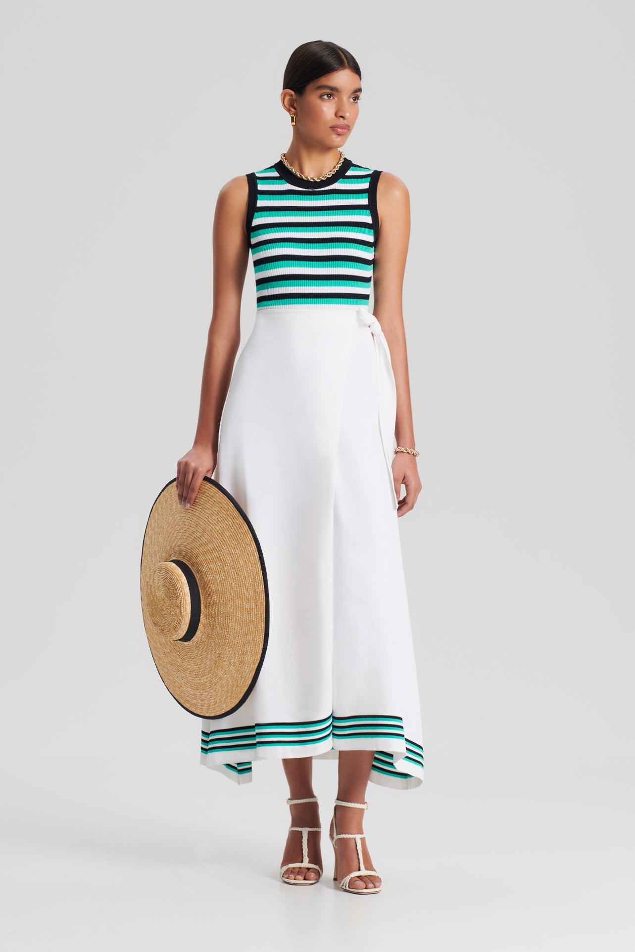 CREPE KNIT STRIPE WRAP SKIRT - WHITE.MINT