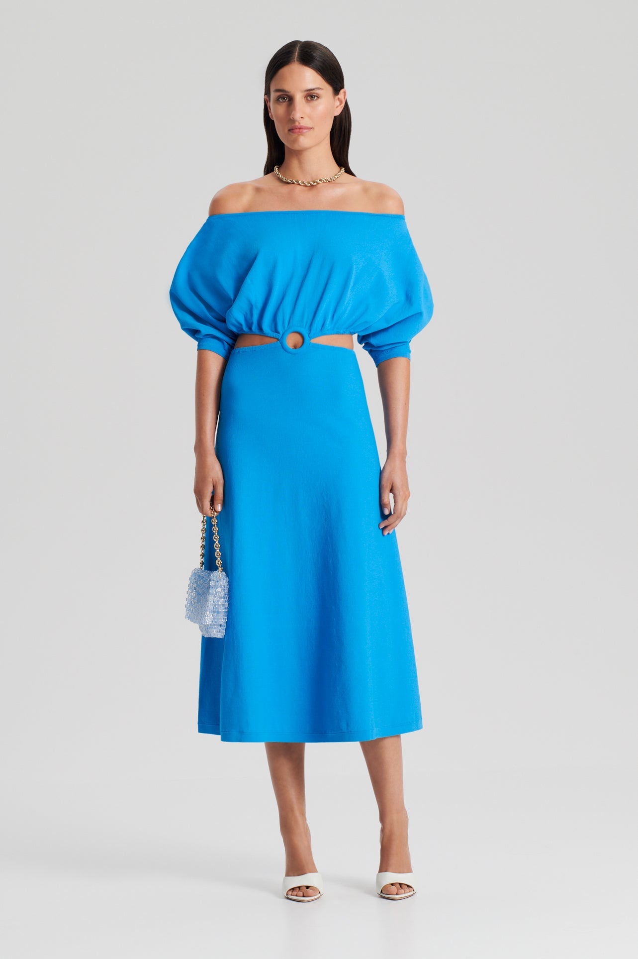 CREPE KNIT COLD SHOULDER RING DRESS - SAPPHIRE