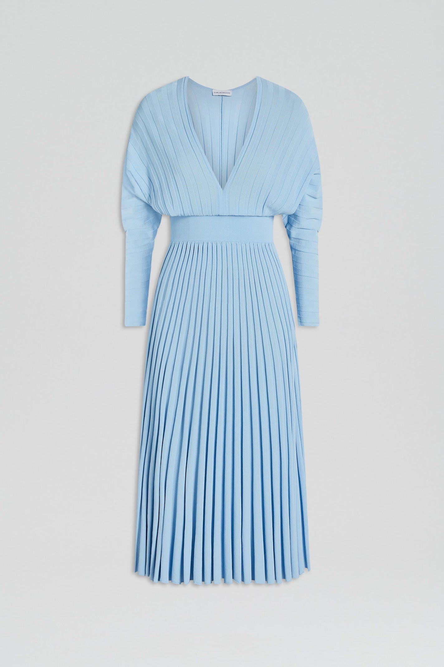 PLEAT V NECK SUNRAY DRESS - PALE.BLUE