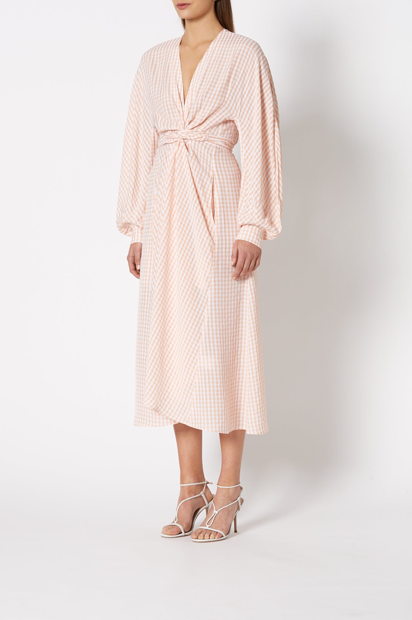 GINGHAM WRAP FRONT DRESS - PEACH