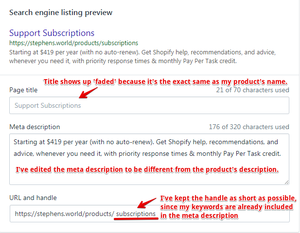 Example Product's SEO Settings - Shopify