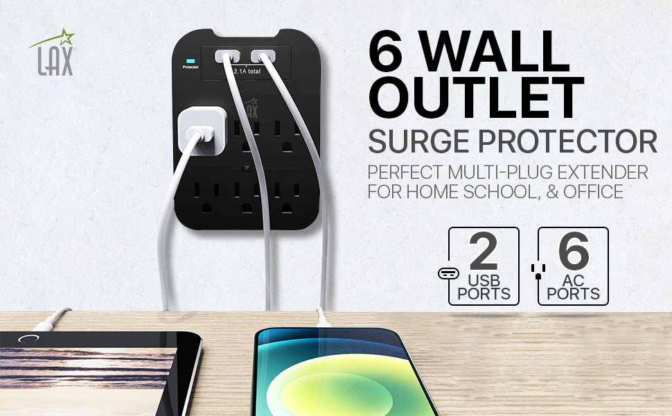 Multi-Plug Surge Protector with 6 Wall Outlets & 2 USB Ports