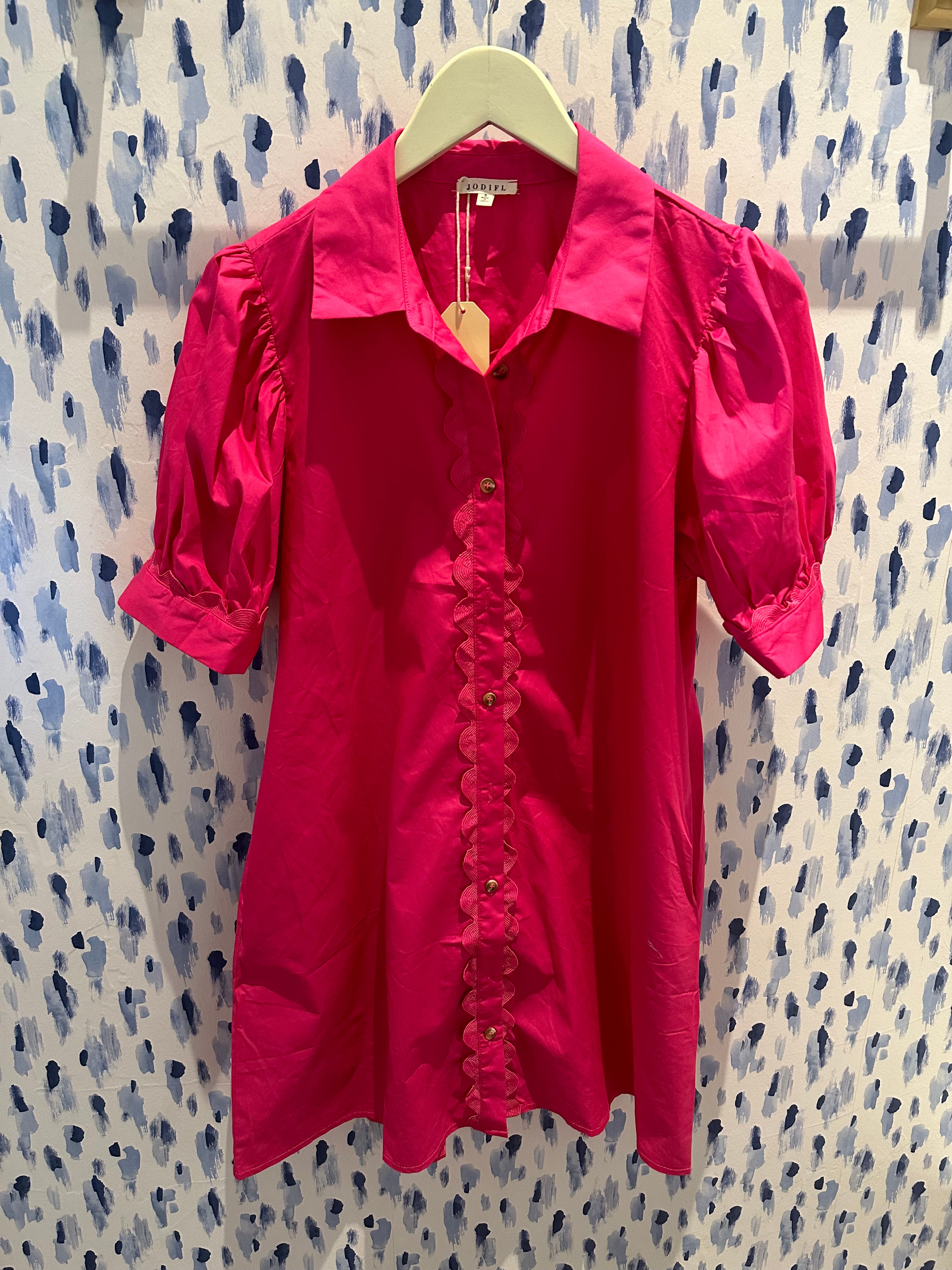 Collared Button Down Dress - Fuchsia