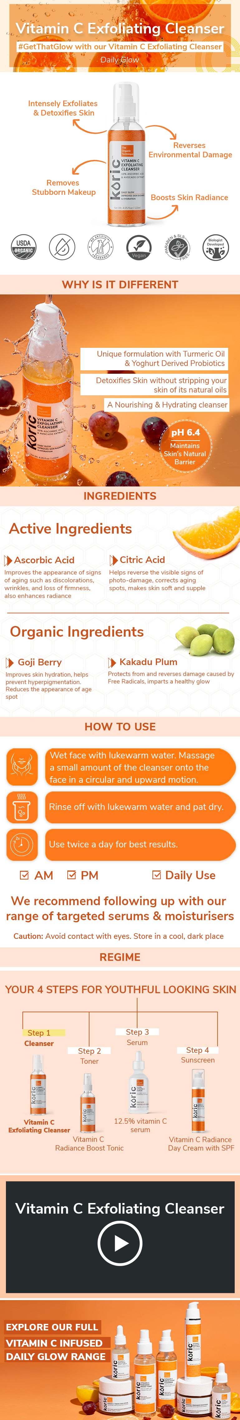 Koric Daily Glow Vitamin C Exfoliating Cleanser, Improves skin radiance, Brightness & hydration