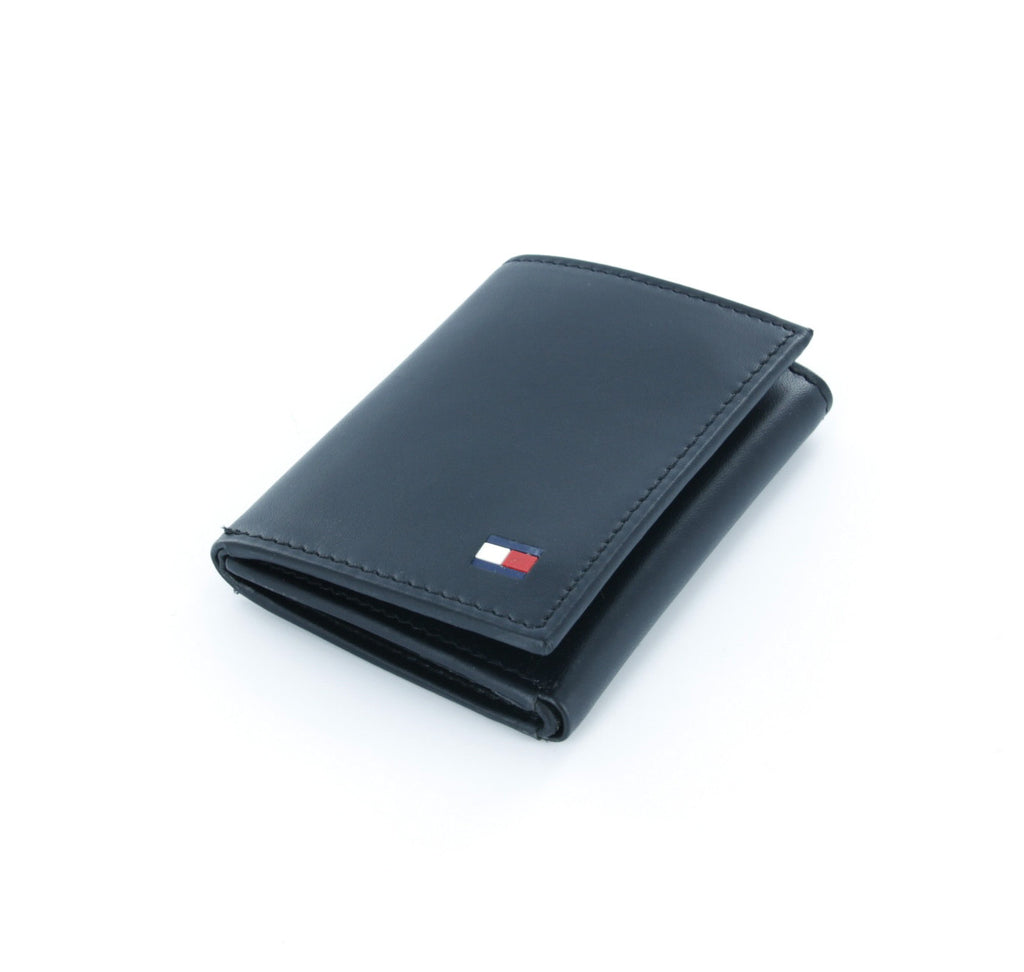 Tommy Hilfiger Black Genuine Leather Trifold Wallet with ID Window – walletoutlet