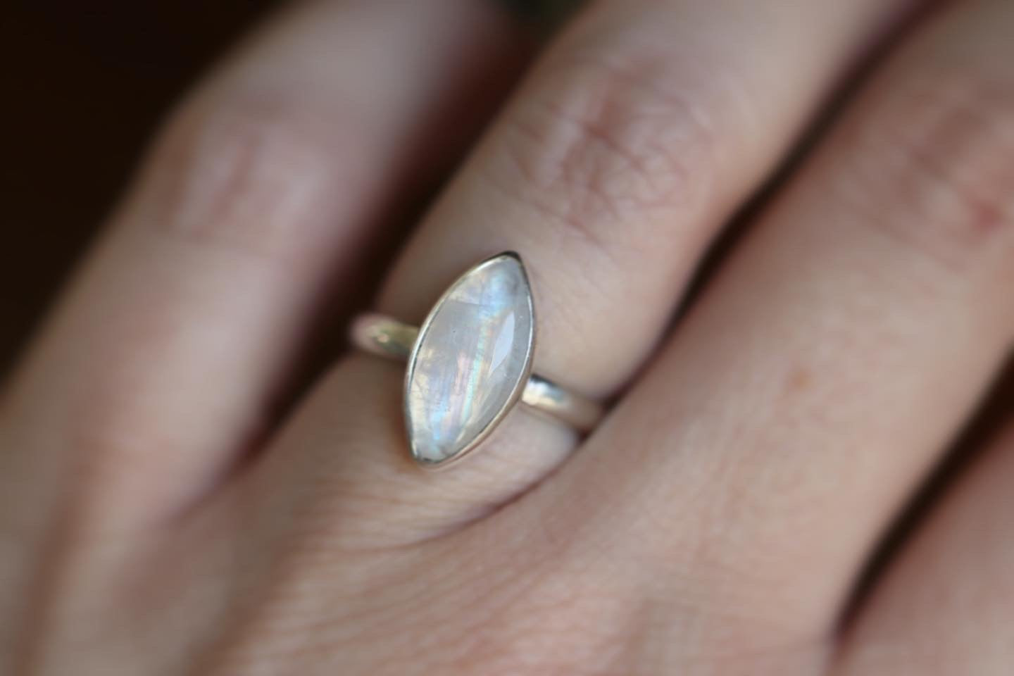 Sterling silver marquee rainbow moonstone ring US size 5