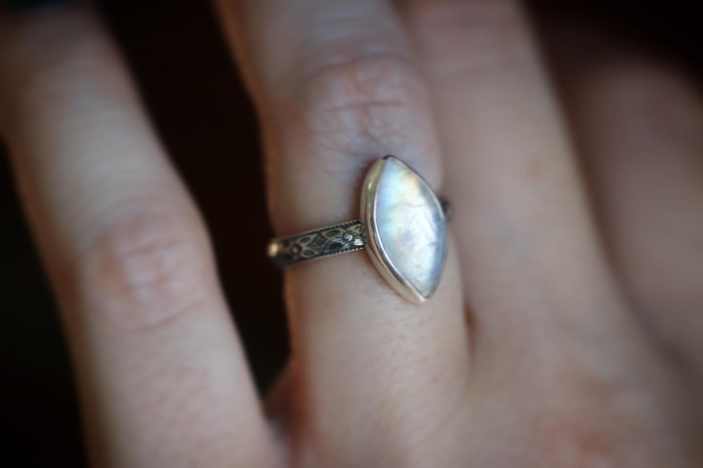 Sterling silver marquee rainbow moonstone ring US size 4.5