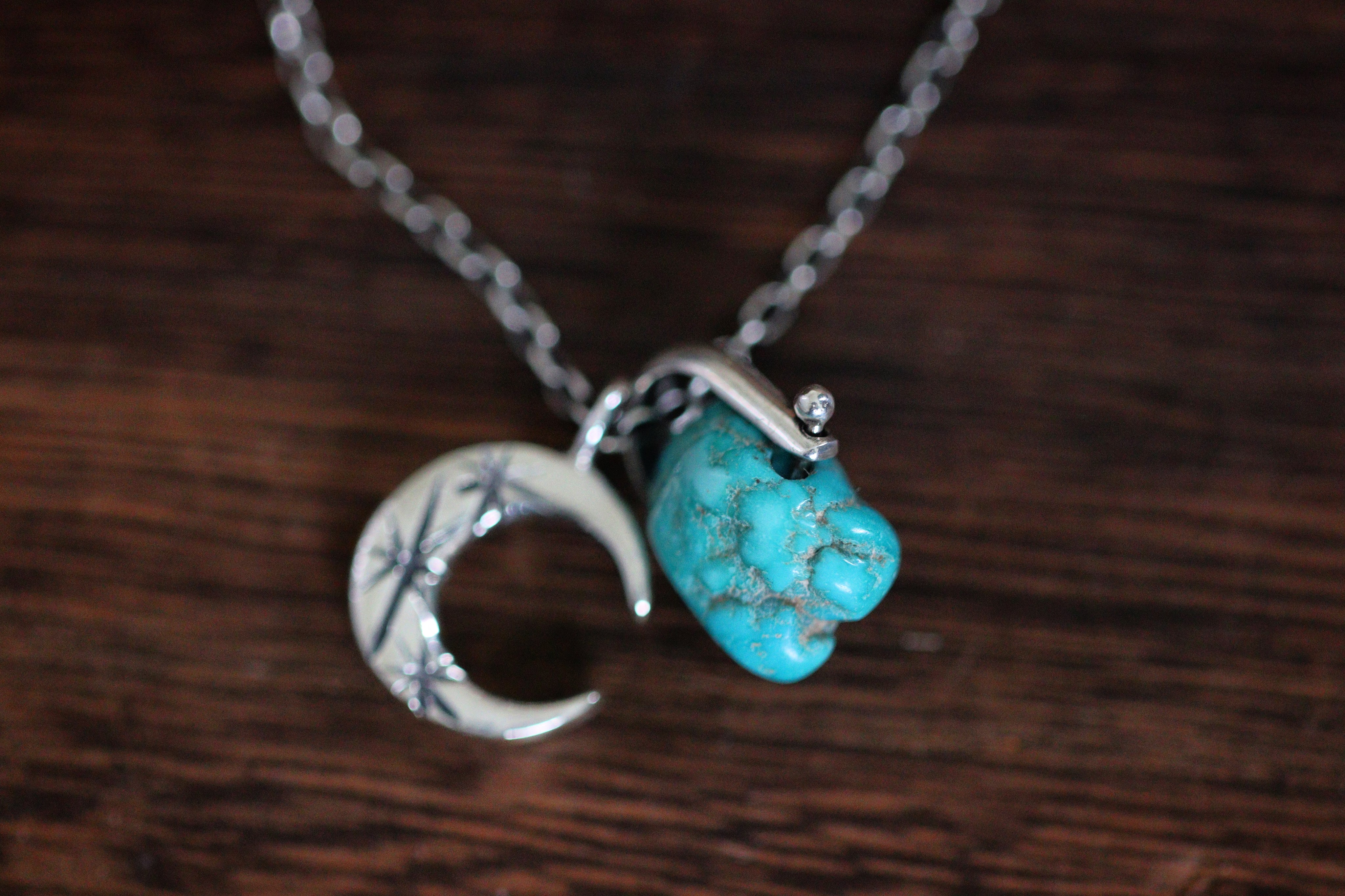 Sterling silver natural Castle Dome turquoise nugget starry moon textured wire necklace #4