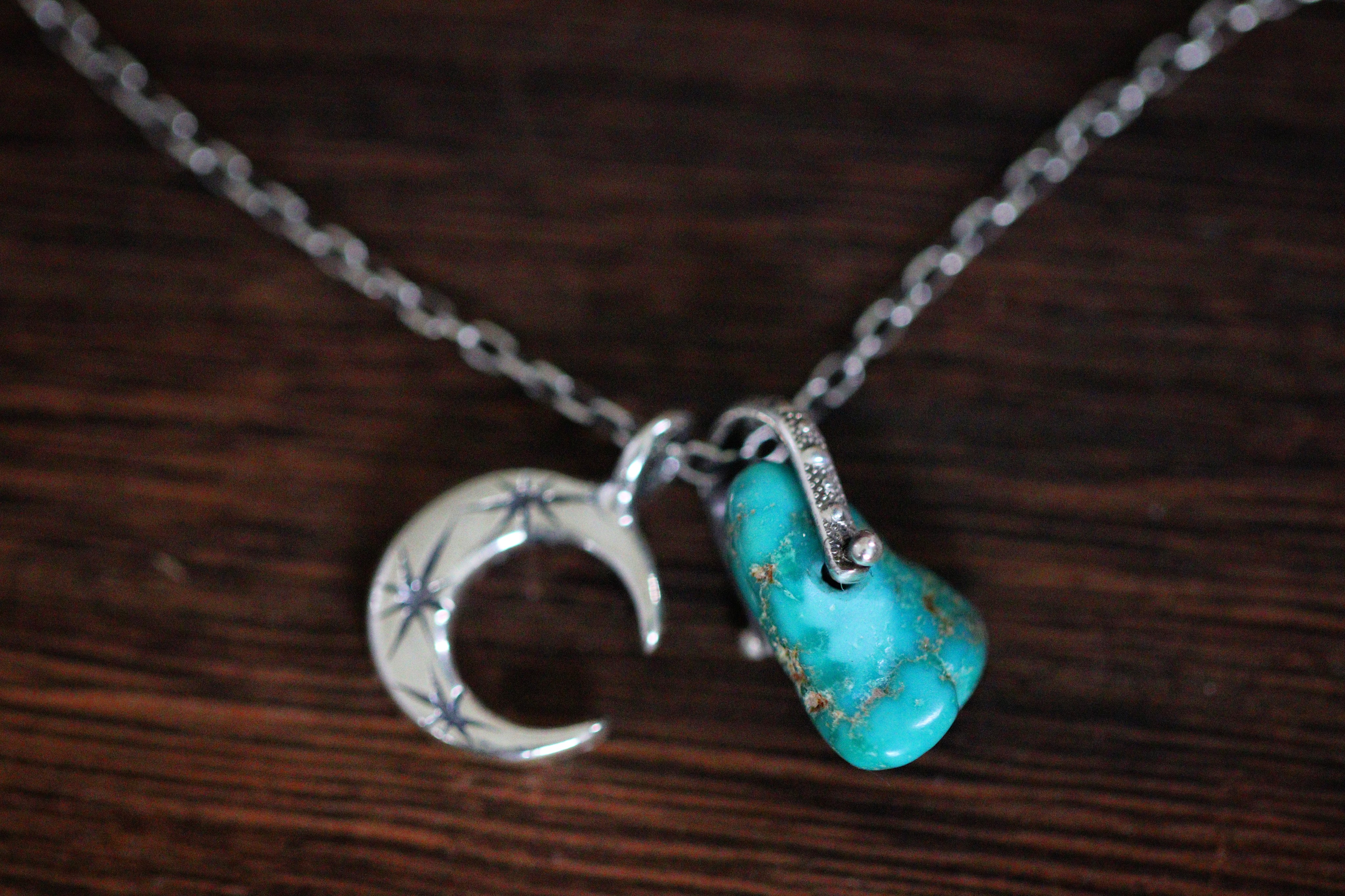 Sterling silver natural Castle Dome turquoise nugget starry moon textured wire necklace #9