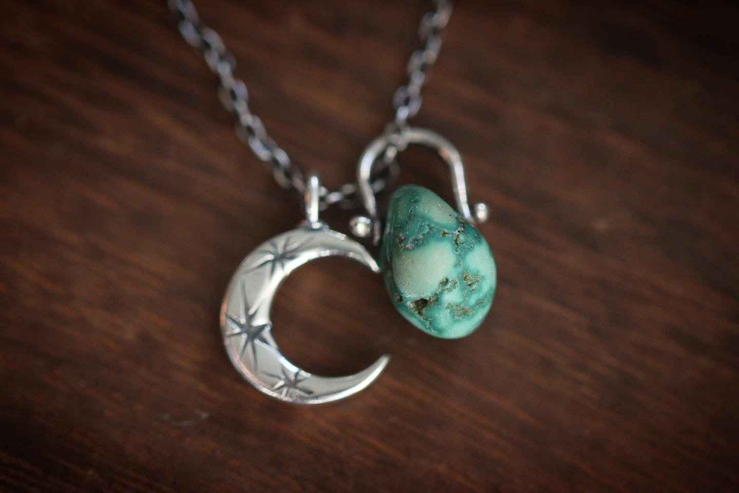 Sterling silver natural Castle Dome turquoise nugget starry moon textured wire necklace