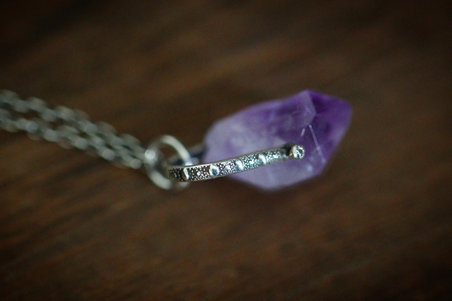 Sterling silver raw amethyst textured wire necklace