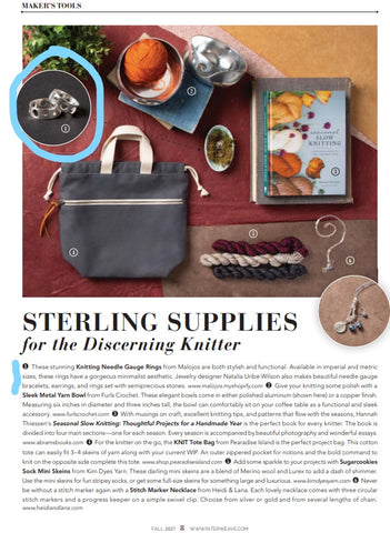 Sterling Silver Supplies for the discerning knitter is the headline on a page with a number of silver colored items for the knitter. Featured are the knitting needle gauge rings by Malojos Jewelry.