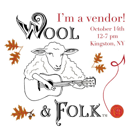 Wool and Folk Festival, I'm a vendor image with a drawing of a sheep playing a guitar, and the event information: October 14, 12pm