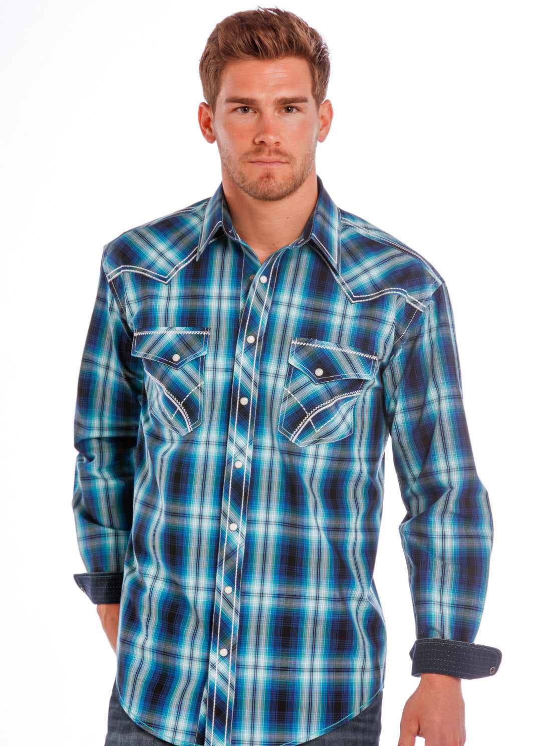 Stetson Striped Long Sleeve Snap Front Western Shirt - Turquoise